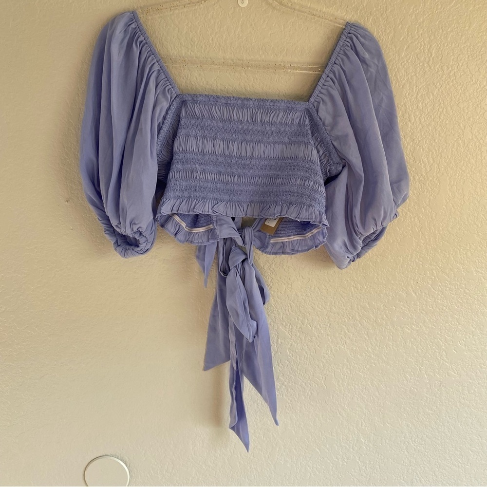 Lavender Smocked Puff-Sleeve Crop Top with Tie Back
